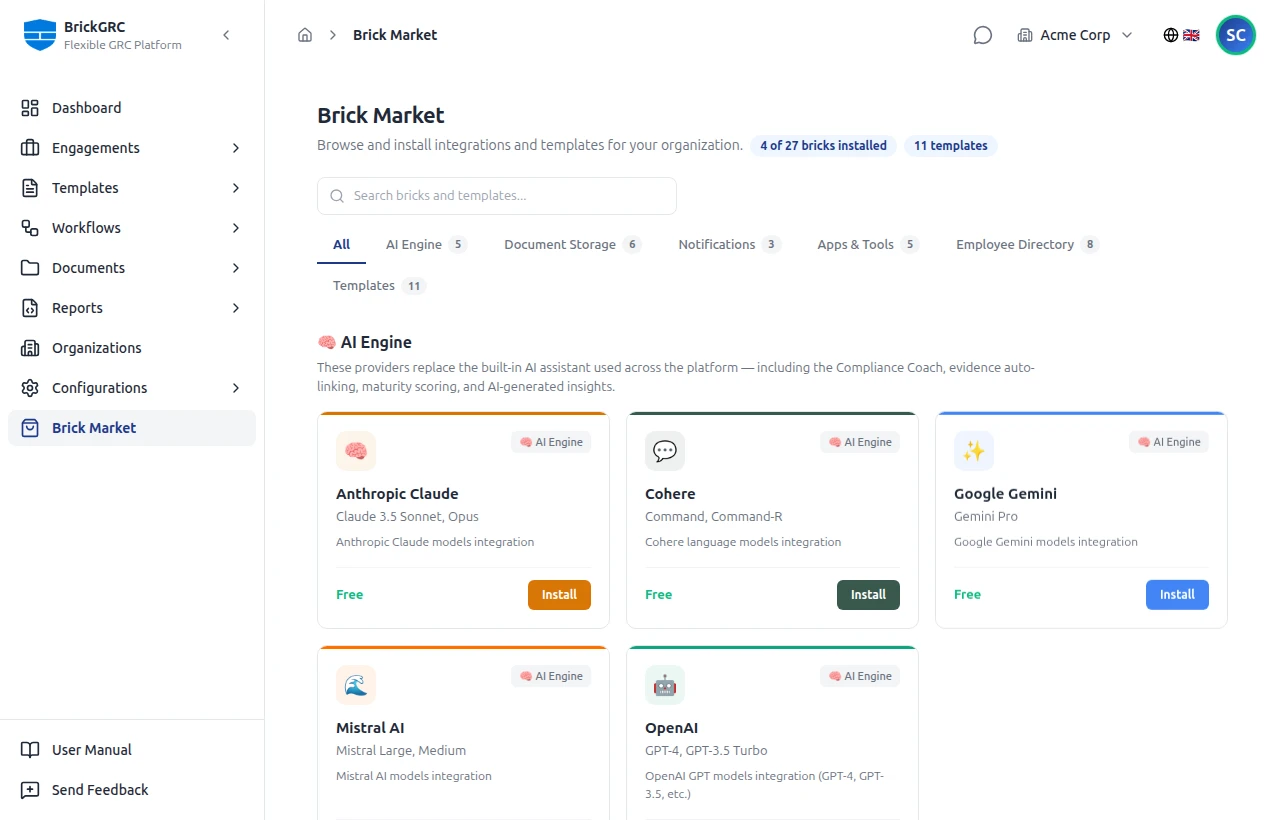 BrickGRC Brick Market — marketplace with installable AI engines and compliance templates