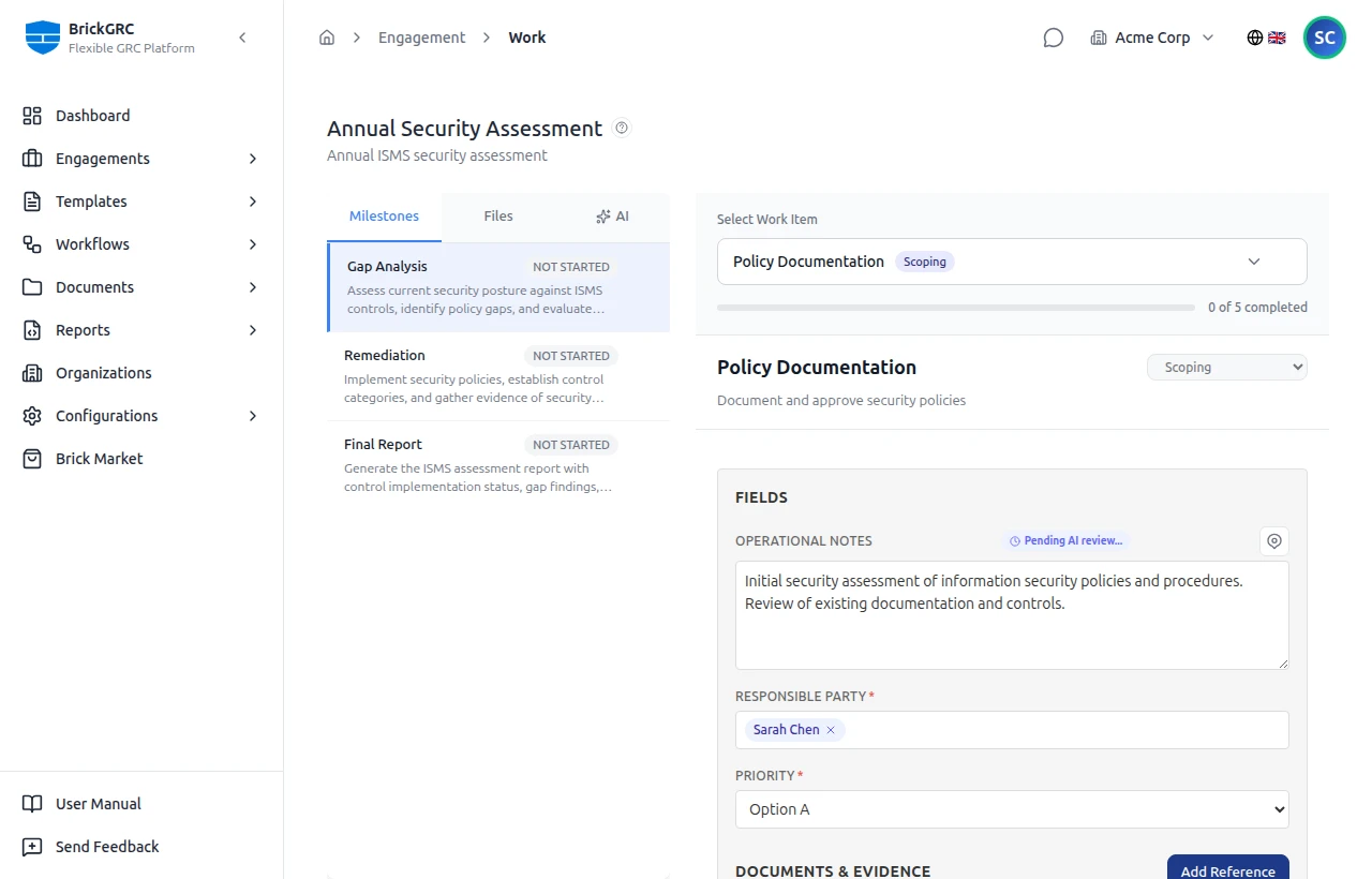 BrickGRC Expert Mode — full audit view with evidence citations, documents, and manual notes